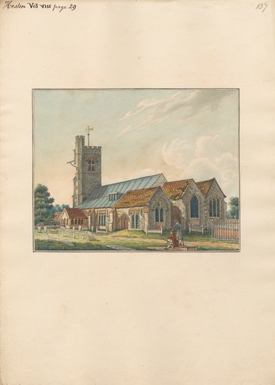 Heston Churchyard met een kunstenaar die de grafstenen schetst door Daniel Lysons