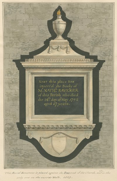 Gedenkteken voor de heer Nathaniel Ravener uit Greenford Church door Daniel Lysons