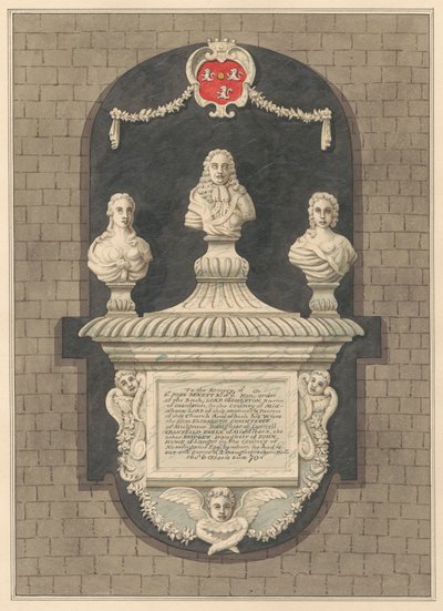 Gedenkteken voor Sir John Benett en zijn vrouwen Elizabeth en Bridget uit de Kerk van Harlington door Daniel Lysons