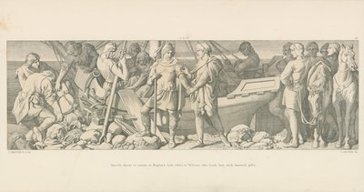 Harold, op het punt om terug te keren naar Engeland, neemt afscheid van Willem, die hem overladen met afscheidsgeschenken door Daniel Maclise