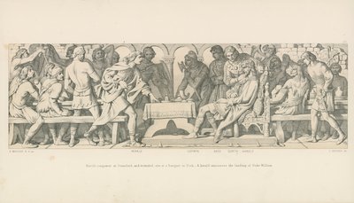 Harold veroveraar in Stamford, en gewond, zit aan een banket in York. Een heraut kondigt de landing van hertog Willem aan door Daniel Maclise