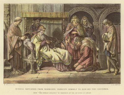 Harold, teruggekeerd uit Normandië, presenteert zich aan Edward de Belijder door Daniel Maclise