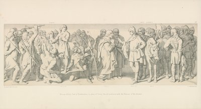 Morcar, gekozen tot graaf van Northumbria, in plaats van Tostig, Harold bemiddelt met de Nuneios van de verkiezing door Daniel Maclise