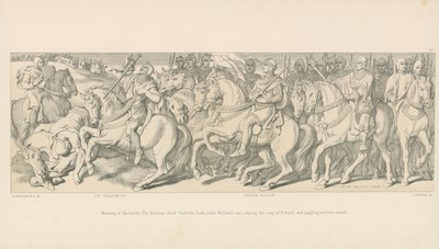 Ochtend van de slag. De Normandische hoofdman Taillefer leidt het voorhoede van hertog Willem, zingend het lied van Roland en jonglerend met zijn zwaard door Daniel Maclise