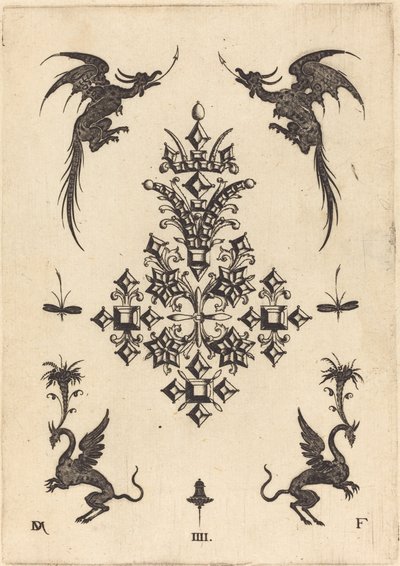 Broche met Tafelstenen, Gevleugelde Draken bovenaan, en Griffioenen onderaan door Daniel Mignot