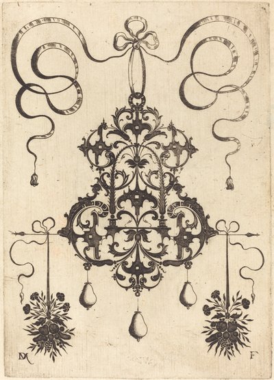 Grote hanger, linksonder en rechtsonder twee bosjes gras, bloemen en fruit door Daniel Mignot
