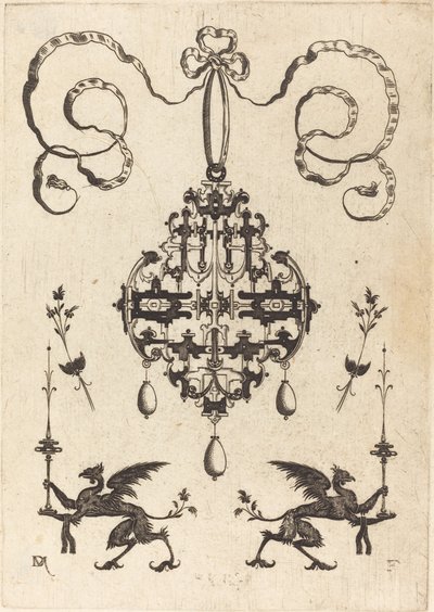 Grote Hanger, Onder Links en Rechts Twee Griffioenen die Fantasie Kandelaren Dragen door Daniel Mignot