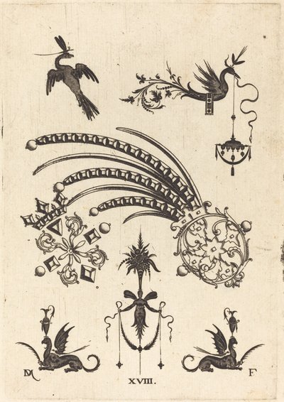 Twee Broches met Vogel en Gevleugelde Slang Boven en Griffioenen met Vazen Onder door Daniel Mignot