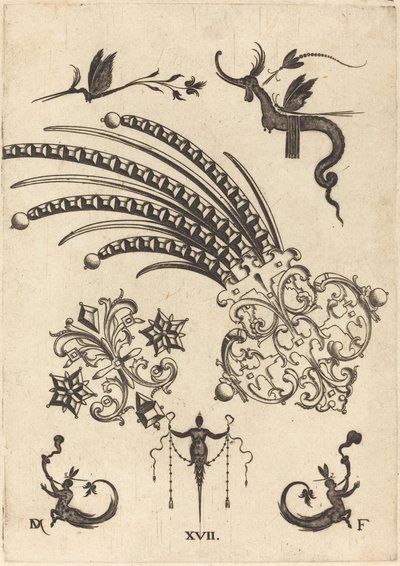 Twee Broches met Draak en Insecten Boven en Mensen met Slangachtige Staarten Onder door Daniel Mignot