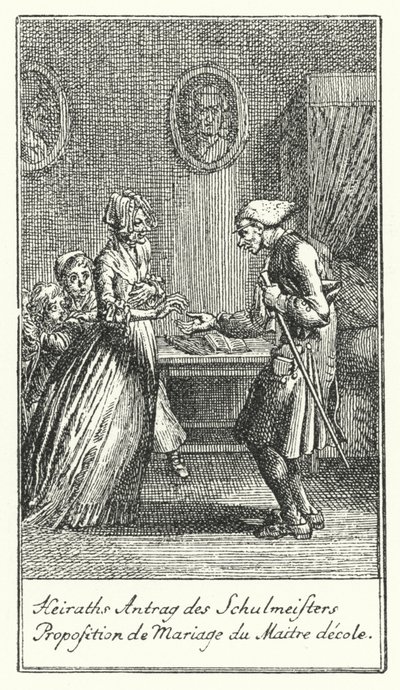 Huwelijksaanzoek van de schoolmeester (gravure) door Daniel Nikolaus (after) Chodowiecki