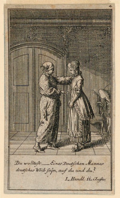 Een vader of voogd die met een meisje praat, illustratie van het toneelstuk "Nicht mehr als sachs Schuesseln" door Fredrich Wilhelm Grossman in "Königl: Grosbrit [anische] Genealogischer Kalender auf das 1782 Jahr Lauenberg bey J.G. Berenberg" door Daniel Nikolaus Chodowiecki