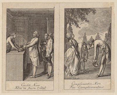 Bladzijde 9 en 10 van het *Centifolium Stultorum*, Dwaasheden door Daniel Nikolaus Chodowiecki