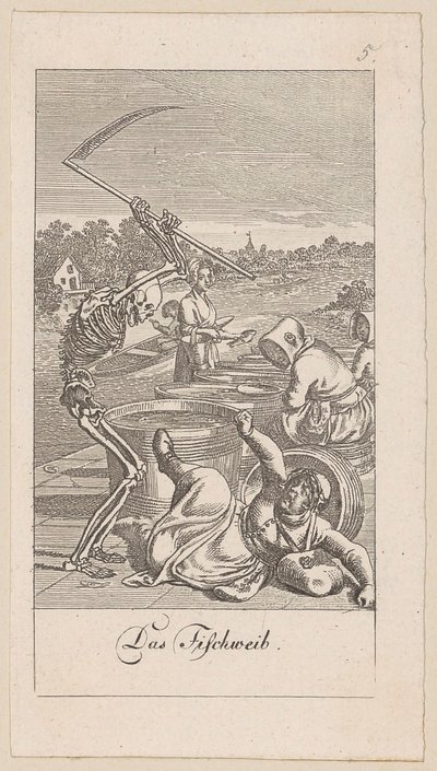 Visverkoopster, blad 5 uit de reeks "De dodendans" door Daniel Nikolaus Chodowiecki