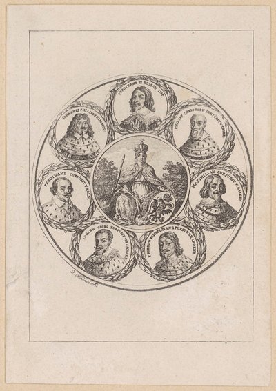 Germania met de portretten van keizer Ferdinand III en zes keurvorsten uit de tijd van de Dertigjarige Oorlog door Daniel Nikolaus Chodowiecki