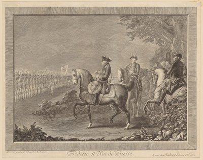 Koning Frederik II van Pruisen, wachtparade in Potsdam door Daniel Nikolaus Chodowiecki