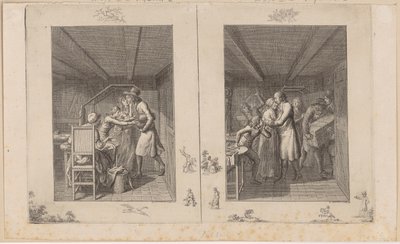 Ludwig onderhoudt het gezin nauwelijks met zijn werk [links]; De vader keert verrijkt met schatten terug naar zijn gezin [rechts] door Daniel Nikolaus Chodowiecki