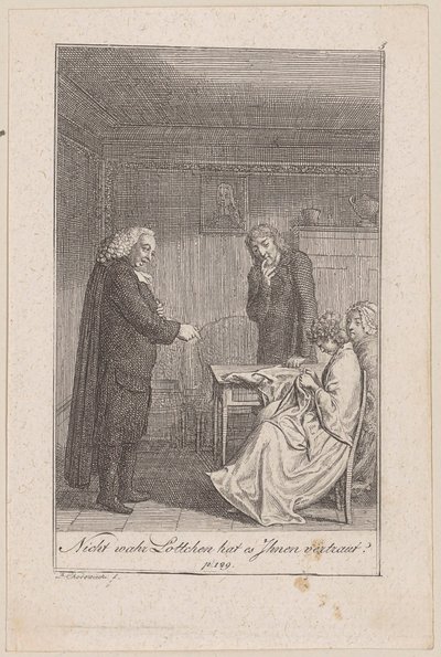 De dominee van Morkendorf brengt Minchen in verlegenheid, blad 5 uit de reeks „De roep naar de stad” door Daniel Nikolaus Chodowiecki