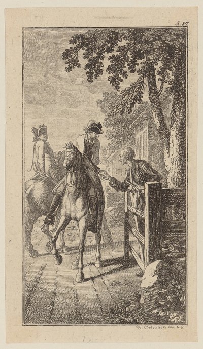 Zuigeling te paard geeft Sebaldus een aalmoes door Daniel Nikolaus Chodowiecki