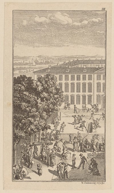 Seminariegebouw, met gymnastiekoefeningen en tuinwerkzaamheden ervoor door Daniel Nikolaus Chodowiecki