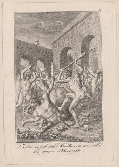 Theseus doodt de Minotaurus en redt de jonge Atheners, blad 3 bij Beckers "Theseus" door Daniel Nikolaus Chodowiecki