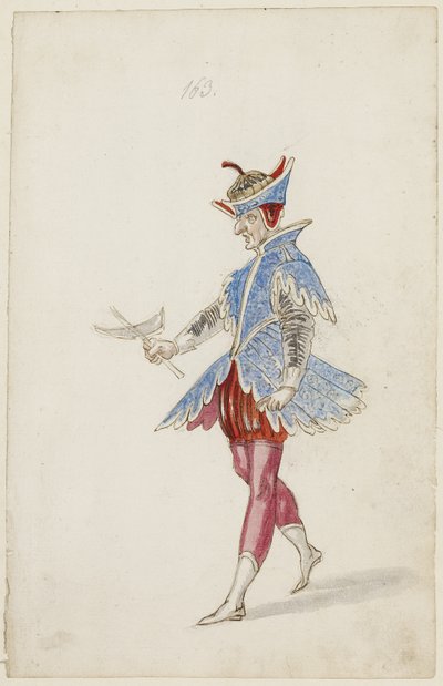 Mannelijke figuur in een blauw en rood kostuum van het Ballet des quatre saisons de l