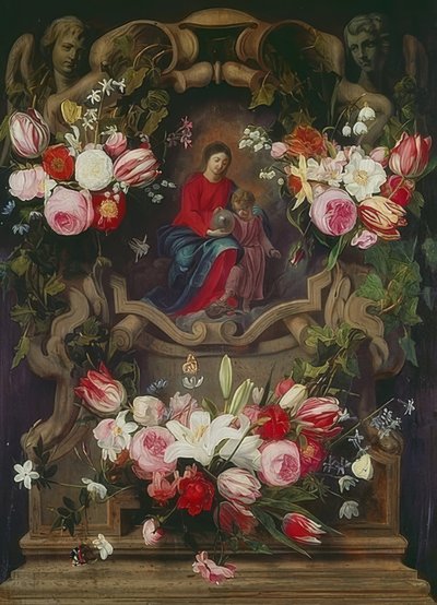 Bloemenkrans met Madonna en kind door Daniel Seghers