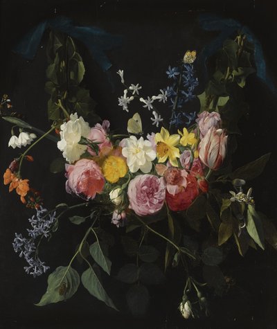 Bloemenkrans opgehangen aan twee blauwe linten door Daniel Seghers