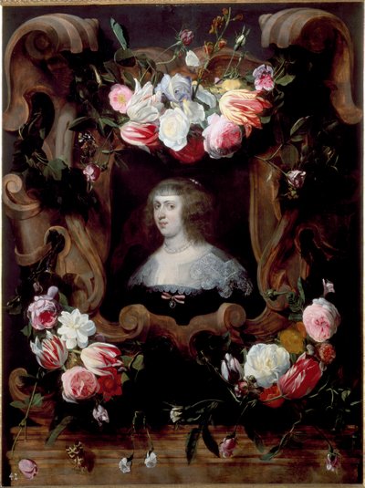 Portret van dame in een bloemenkrans door Daniel Seghers