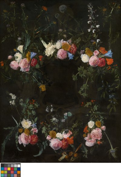 Gebeeldhouwde cartouche versierd met bloemenkransen door Daniel Seghers