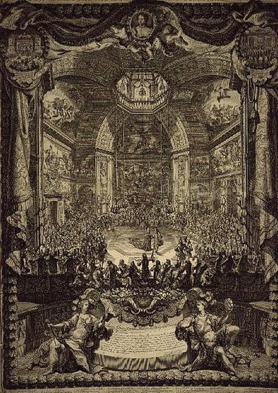Het grote feest van H.K.H. de Prinses van Oranje, gevierd in december 1686 in de Salon du Bois in Den Haag, ter ere van de verjaardag van de Prins van Oranje (gravure) door Daniel the Elder Marot