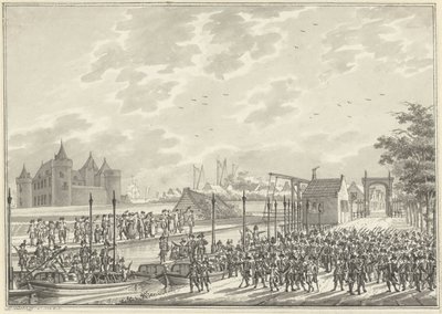 Aankomst van de gewapende Amsterdamse burgers in Muiden, 1787 door Daniël Kerkhoff