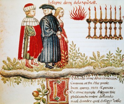 Virgil, Dante en Matelda, Purgatorio, Canto XXIX, geïllustreerde pagina uit de Goddelijke Komedie, door Dante Alighieri door Dante Alighieri