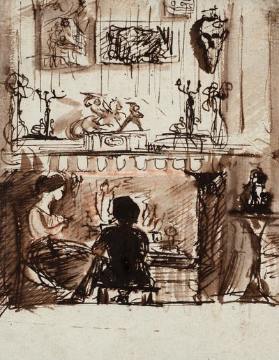 Lizzie Siddal en Woolner in een denkbeeldige kamer (pen, inkt en gewassen) door Dante Gabriel Charles Rossetti