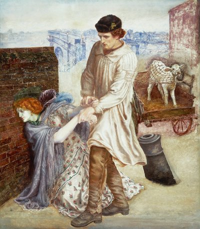 “Herontdekt” Een boer die naar de stad kwam om zijn kalf te verkopen probeert een zieke jonge prostituee met een kadaverachtige teint op te beuren 1865-1869 door Dante Gabriel Charles Rossetti
