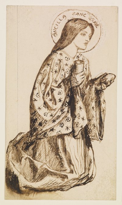 Launcelot bij het heiligdom van de heilige graal - Studie voor De engel van de heilige graal door Dante Gabriel Rossetti