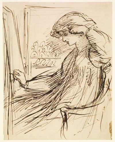 Zittende vrouw bij een borduurraam of schildersezel door Dante Gabriel Rossetti