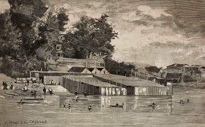 Badhuis, openbare baden van de Tiber in Rome, Italië, gravure naar tekening door Dante Paolocci, uit L