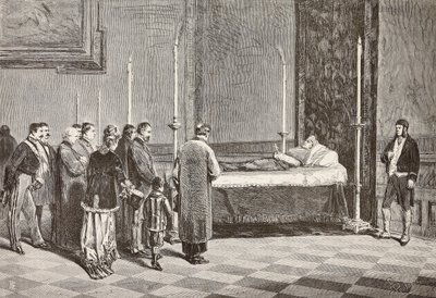 Lichaam van kardinaal Giacomo Antonelli opgebaard in een van de kamers in het Vaticaan, gravure naar een tekening van Dante Paolocci, uit L