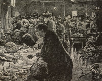 Kerstmarkt in Rome, Italië, gravure naar tekening van Dante Paolocci, uit L