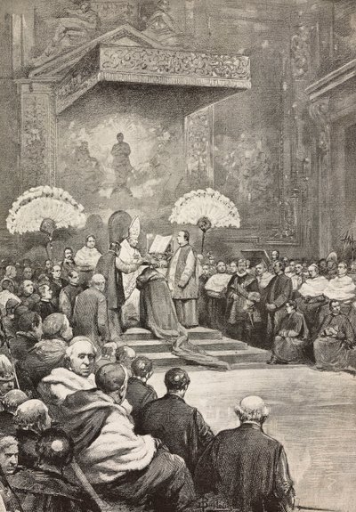 Consistorie op 13 november, Paus Leo XIII waar hij nieuwe kardinalen creëerde, Vaticaan, gravure naar tekening van Dante Paolocci, uit L