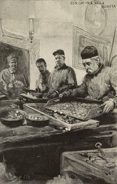 Munten tellen in de munt van Rome, Italië, gravure naar tekening van Dante Paolocci, uit L