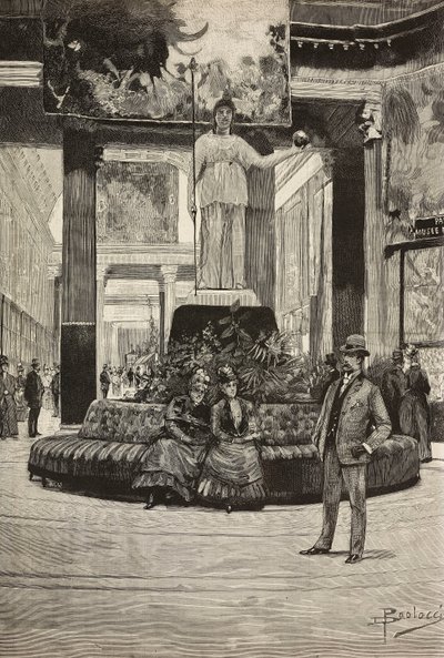 Tentoonstelling van stoffen en kant, Rotonda en Stoffengalerij, Rome, Italië, gravure naar tekening van Dante Paolocci, uit L
