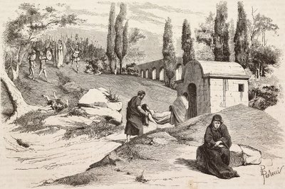 In het noodlottige kamp, Rome Vaincue door Alexandre Parodi, Act V, gravure door Dante Paolocci naar schetsen van Zandomenico, uit L
