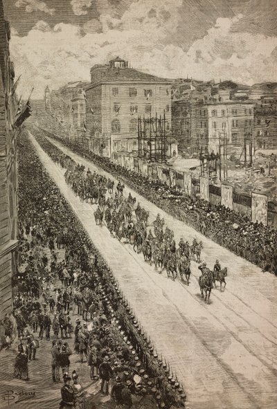 Koning keert terug naar Quirinaal na de inwijding van het Dogali-monument, Rome, Italië, gravure naar tekening van Dante Paolocci, uit L