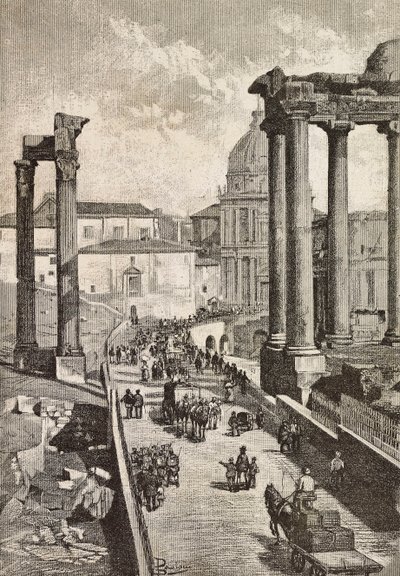 Doortocht door het Forum, Rome, Italië, gravure naar tekening van Dante Paolocci, uit L