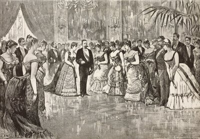 Umberto I (1844-1900), Koning van Italië, en zijn vrouw Margherita van Savoye (1851-1926) op bal in Quirinal Paleis, Rome, Italië, gravure naar tekening van Dante Paolocci, uit L