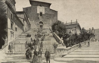 Uitzicht op de Basiliek van Santa Maria in Aracoeli, Rome, Italië, gravure naar tekening van Dante Paolocci door Dante Paolocci