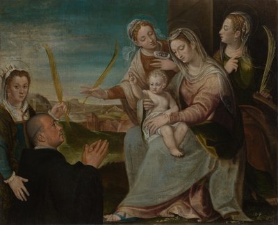 Maagd en kind met heiligen Catharina, Lucia, Justina van Padua en een Benedictijnse monnik door Dario Varotari the Elder