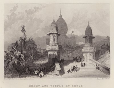 Ghat en Tempel in Gokul door David (after) Roberts