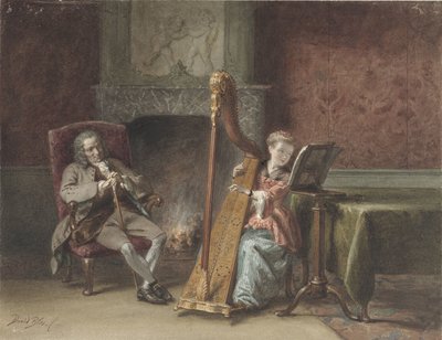 Interieur met meisje dat harp speelt en een heer in een stoel die toekijkt door David Bles